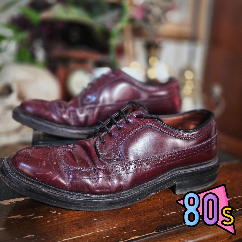 Vintage 80s Mens Burgundy‎ Leather Wingtip Brogue Oxford Dress Shoes